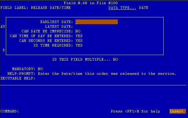 Example of a DATE/TIME DATA TYPE in Screen Mode.