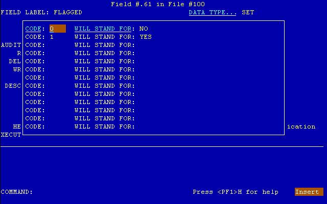 Example of a SET OF CODES DATA TYPE in Screen Mode.