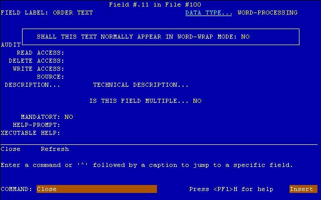 Example of a WORD-PROCESSING DATA TYPE in Screen Mode.