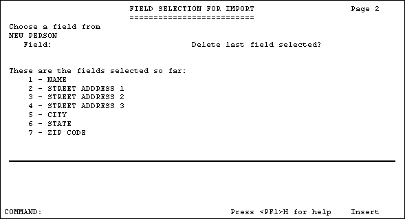 Example of a Field Selection for Import Form.